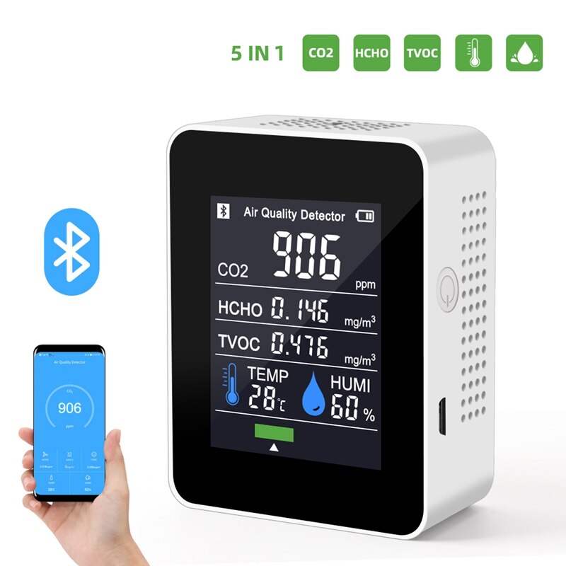 5 in 1 CO2 Meter Temperature Humidity Sensor Air Monitor Carbon Dioxide TVOC Formaldehyde HCHO Detector
