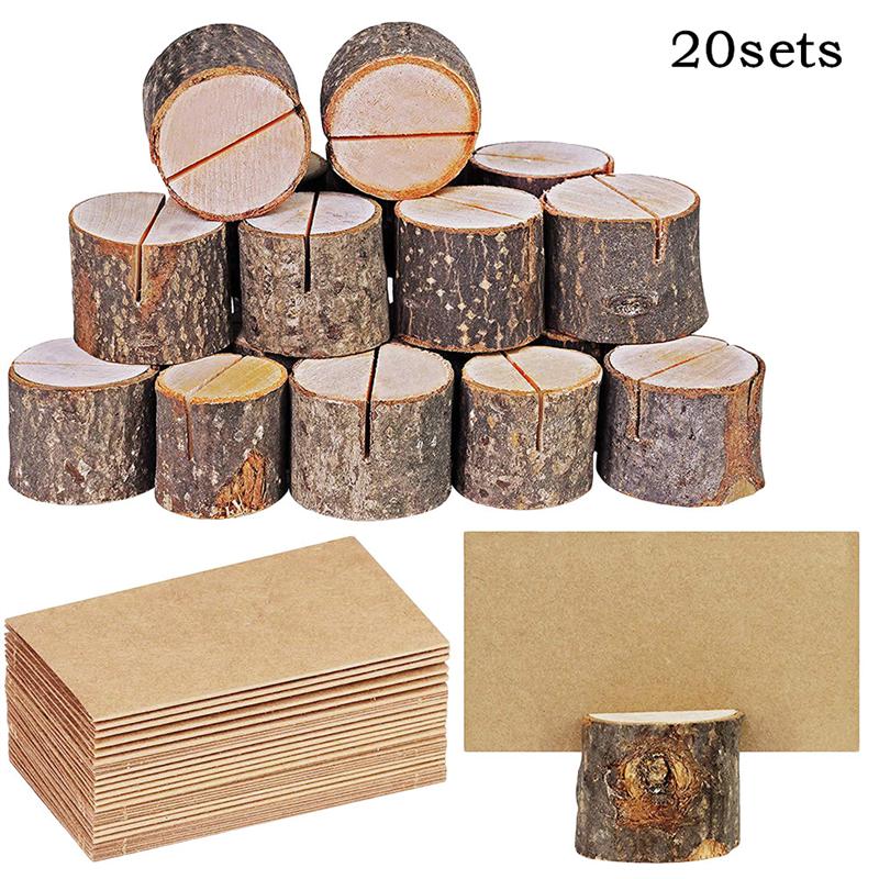 20sets Memo Stand Natural Wooden Bark Wood Pile Nontoxic Simple Photo Holders Decor Clamp Memo Stand With 20 Paper Cards