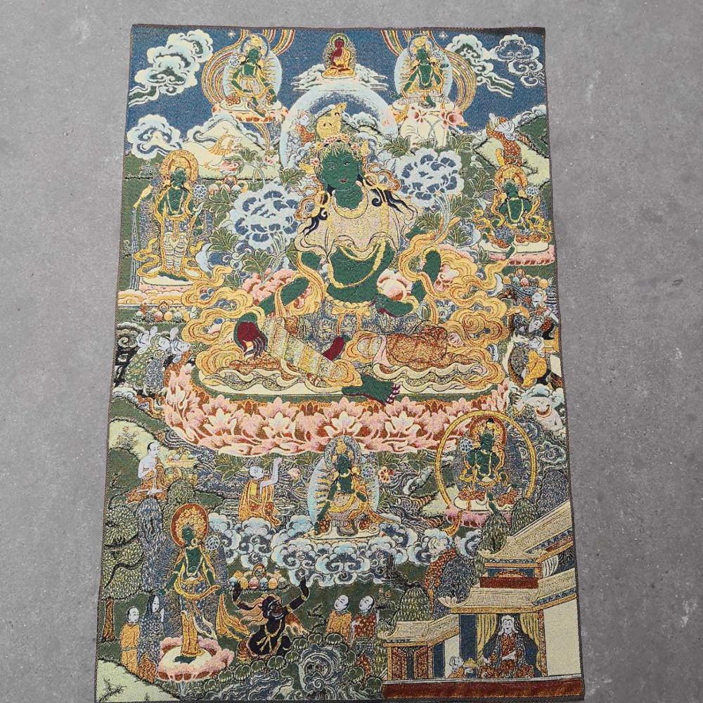 36 inch Chinese Folk Silk embroidery Green Tara Mahayana Buddhism Thangka Painting Mural