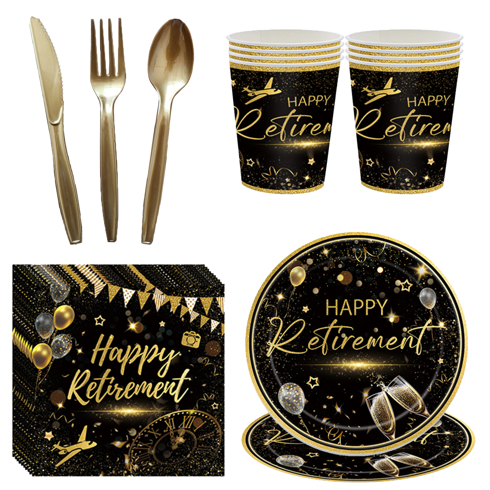 Retirement Party Decoration Black and Gold Plate Cup Napkin Retirement Table Decorations for Retirement Party Men and Women