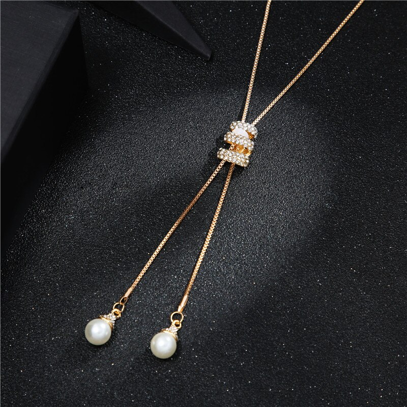 Autumn Winter Metal Long Tassel Rhinestone Crystal Pearl Long Chain Necklace Sweater Party Necklace Jewelry