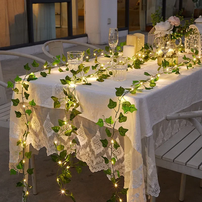 Guirnalda de luces de hojas verdes y flores, guirnaldas de vid artificiales con batería, guirnalda de árbol de Navidad, luz para deshierbe, decoración del hogar