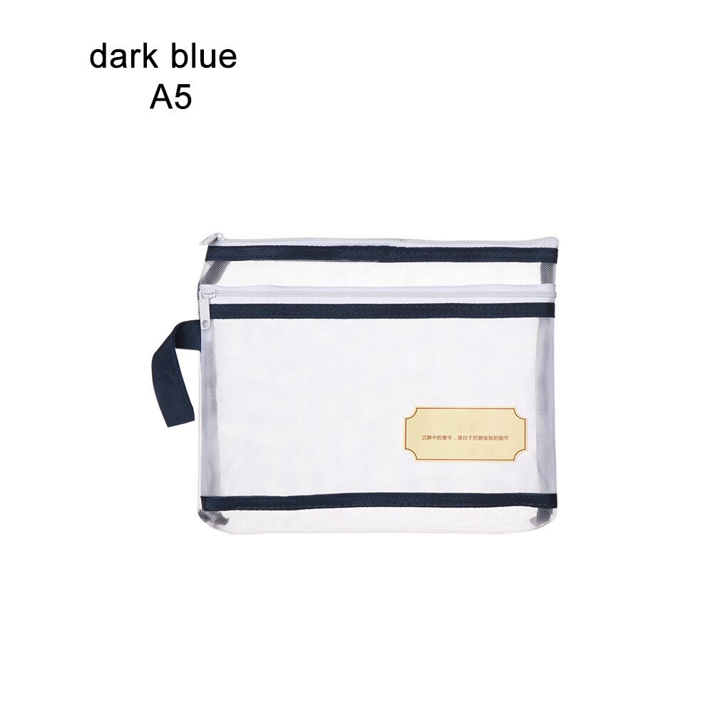 1 PC A4/A5/A6 Nylon Mesh Document File Double Pocket Pencil Case Zipper Notebook Bag Office Stationery Storage: A5 dark blue