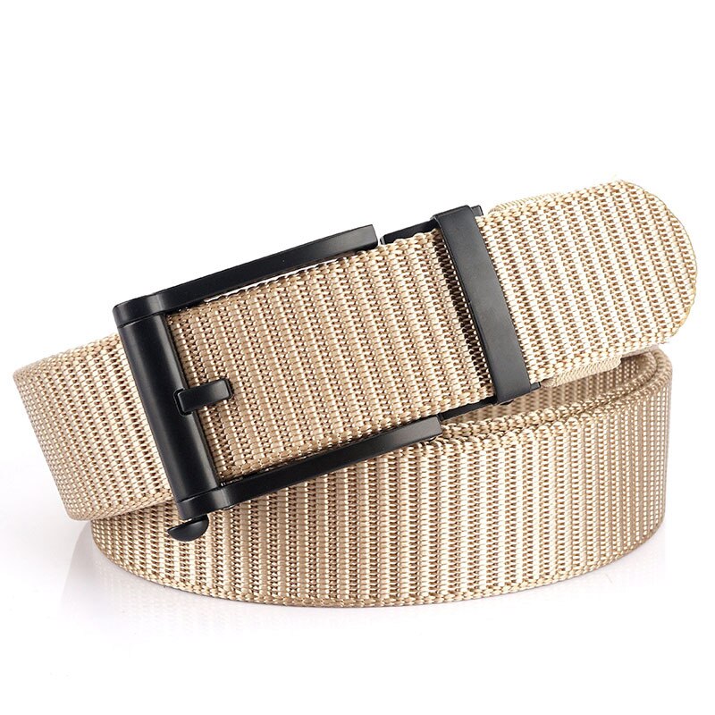 Deepeel 1pc 3.5*120cm canvas riem met automatische gesp, zonder tanden, tankpatroon, dikke nylon tailleband, heren outdoor vrijetijdsriem: Zwart-beige