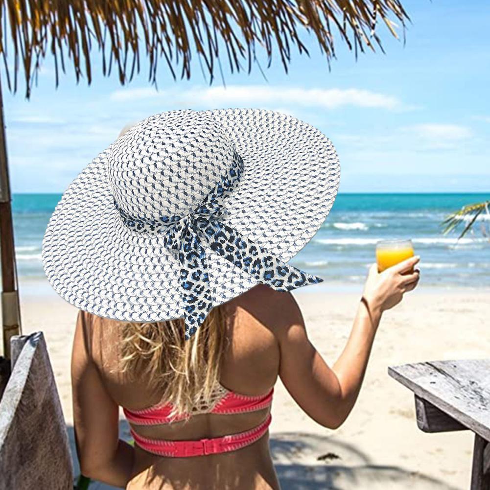 Chapeaux de Protection solaire pour femmes, couvre-chef de plage en paille fait à la main, style Boho décontracté, nœud papillon léopard, à large bord, été,