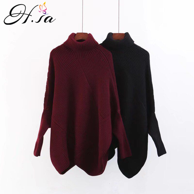 H.SA Women Autumn WinterTurtleneck Sweaters Batwing Sleeve Oversized Sweater Poncho Pullover and Sweater Jumpers Irregular Pull