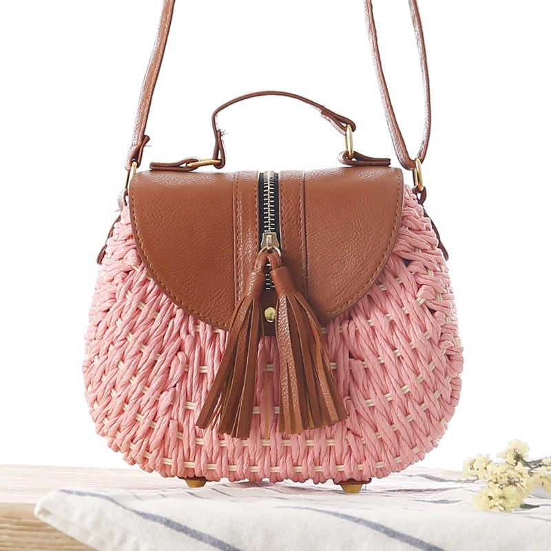 paper rope woven bag small fresh messenger straw bag beach vacation shoulder shoulder bag woven bag: Pink