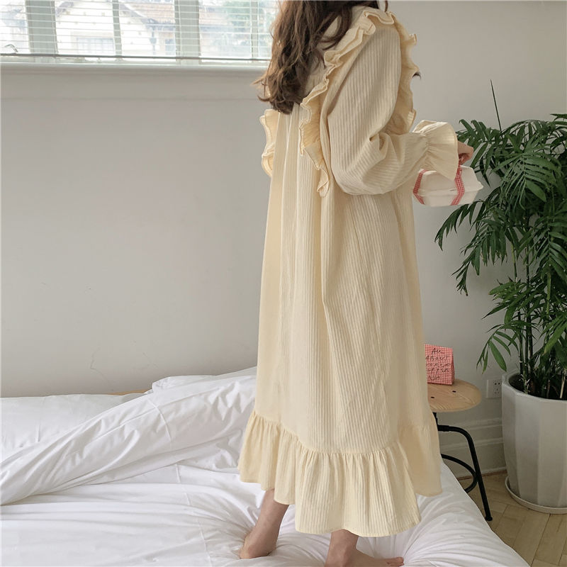 Nachthemden Vrouwen Ruches Eenvoudige Vierkante Kraag Koreaanse Stijl Prinses Lantaarn Mouw Losse Nachthemd Zoete Nachtkleding Midi