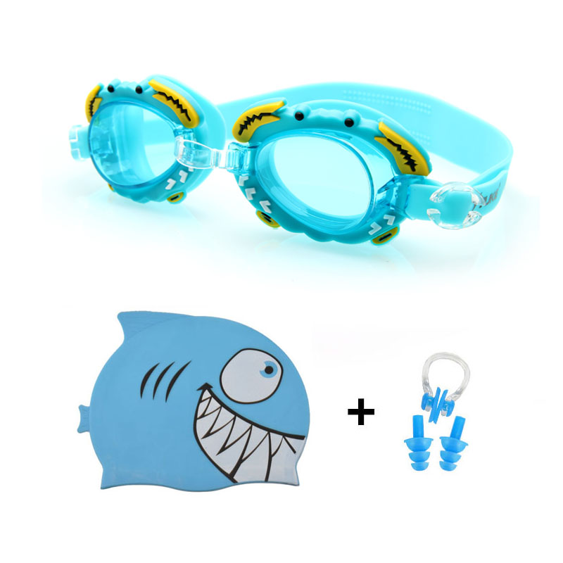 Boy Girl Swimming Goggles Children Silicone Dolphin Fish Caps Ear plug Nose Set Diving Glasses Waterproof Kids Swim Pool Eyewear