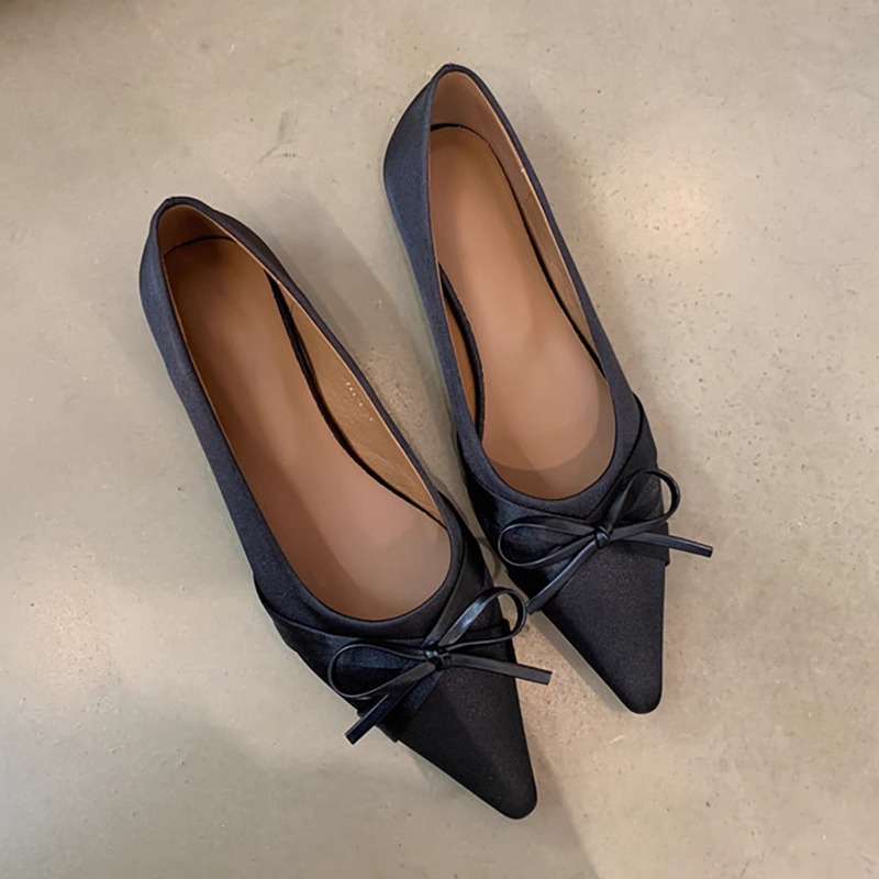 Ballerina Satijn Platte damesschoenen Comfort Antislip Puntschoen Dames Loafers Flats Elegante strik Enkele damesschoenen: Black / 36