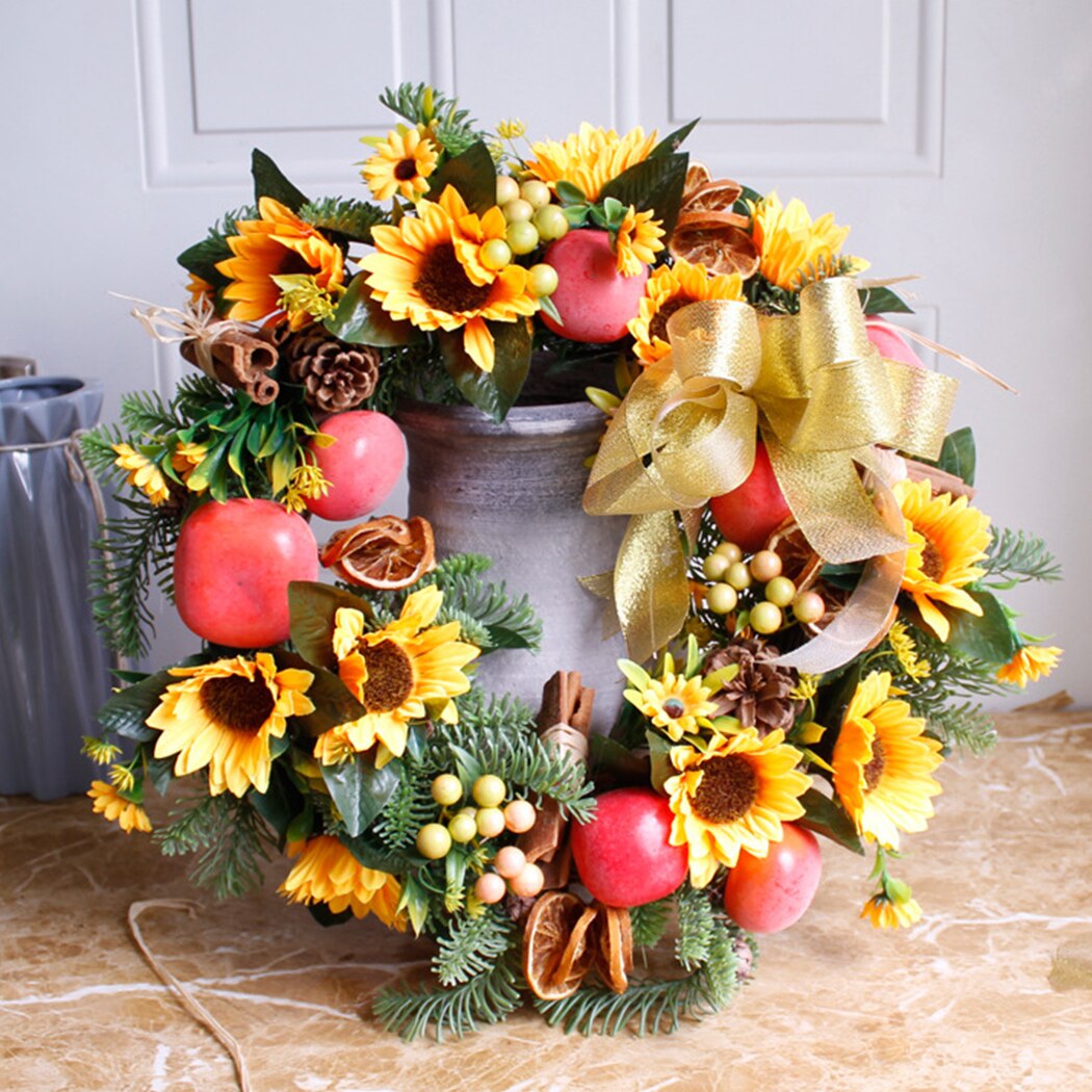 Takksigelse kunstig solsikke krans gresskar frukt lønneblad falle dør krans veggpynt takkedag hengende dekor