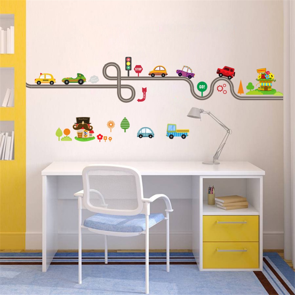 Cartoon Car Bus Highway Track Wall Stickers Kids Rooms Nursery Bedroom Living Room Home Decor Wall Art Decals Wallpaper