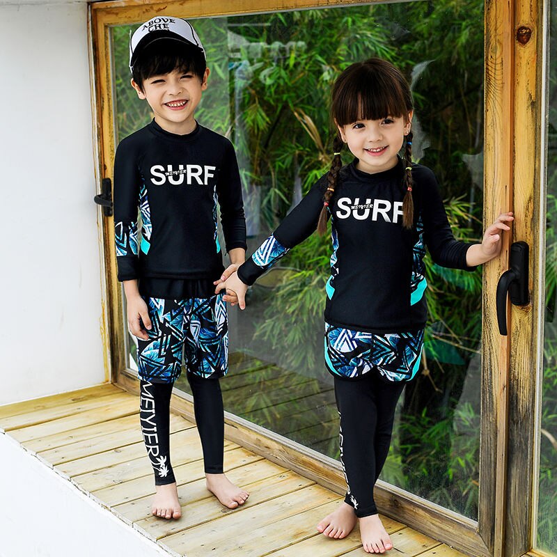 Long Sleeve Swimming Suit For Kids UPF 50+ Boys Girl Beach Sport Patchwork Bathing Sets Sun Protective Wetsuit Sport Clothes