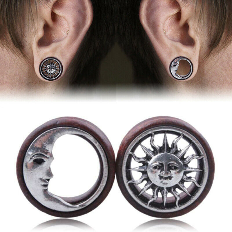 Tapones para los oídos de madera para hombre y mujer, aretes con medidores de luna y sol, expansor de túnel para carne, joyería para Piercing corporal, 2 uds.