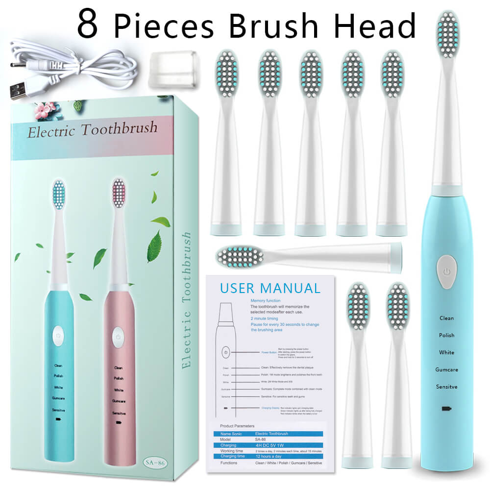 Home Ultrasonic Electric Toothbrush Rechargeable Dental Scaler Sonic Tooth Cleaner Portable Remover Stains Dentist Brush Head TV: Cyan with 8 heads