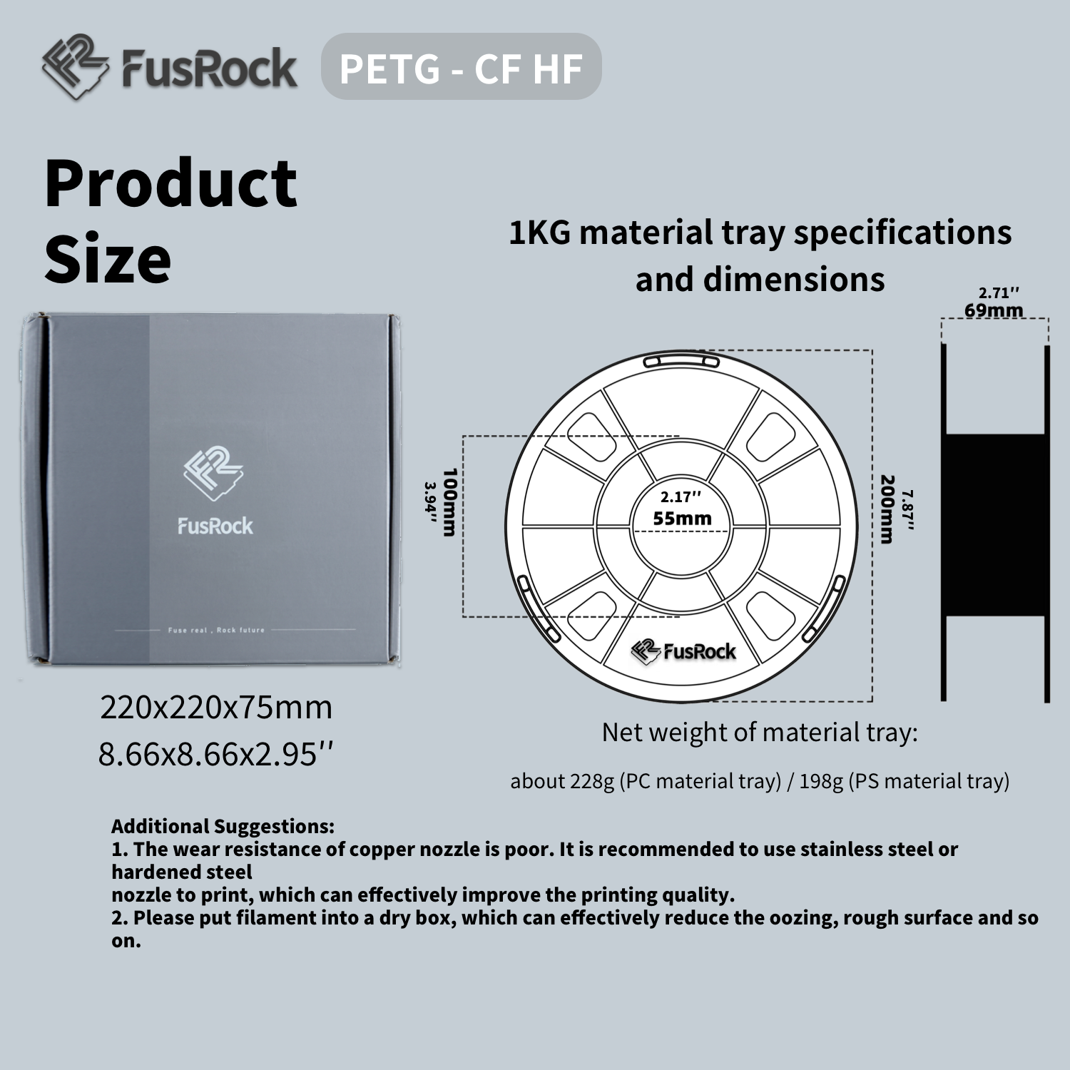 FUSROCK Kohlefaser PETG CF HF 3D-Druckerfilament Gute Duktilität, Schlagfestigkeit, hohe Festigkeit und Steifigkeit 1,75 mm 1 kg