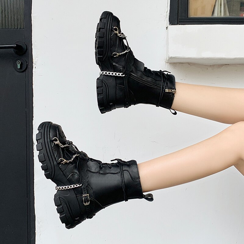 Botas de plataforma punk gótico para mujer, botas de combate negras con botones de metal, botas de moto para mujer