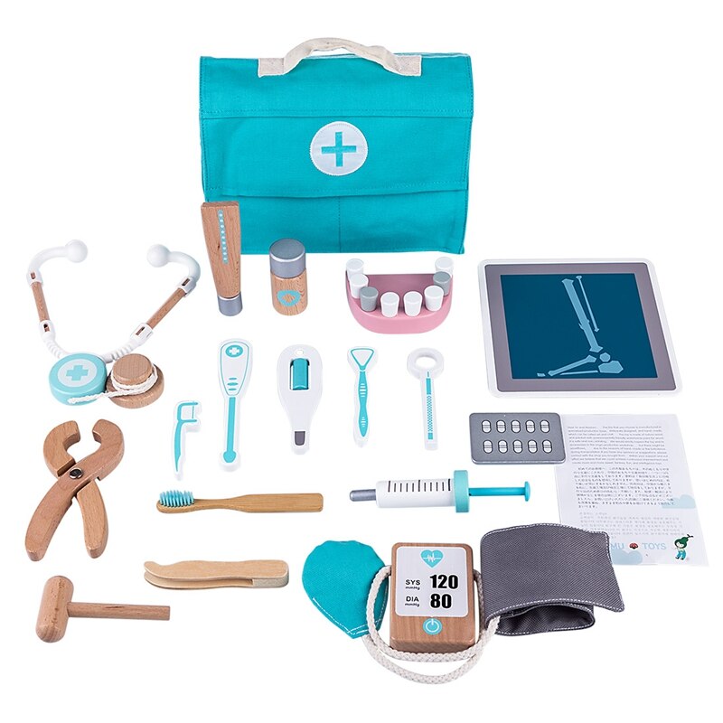 18Pcs Kinderen Houten Pretend Tandarts Toolbox Simulatie Tool Educatief Speelgoed Speeltoestel Met Stethoscoop Voor Kinderen: Default Title