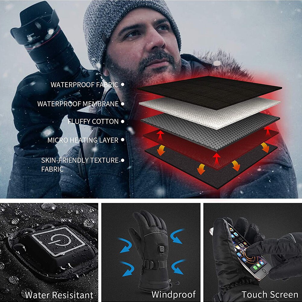 Oppvarmede hansker til menn kvinner vinter varme skihansker vanntette oppvarming termiske hansker til snøscooter