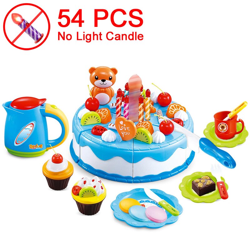 37-80PCS DIY Fruit Cutting Pretend Play Birthday Cake Girls Kitchen Food Toys Cocina De Juguete Pink Blue Toy For Children: 54 Blue NO Candle