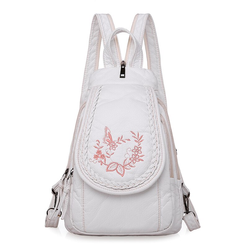 Vrouwen Rugzak Mode Schooltassen Voor Tienermeisjes Wit Lederen Rugzak Borduurwerk Bloemen Rugzak Schoudertassen: White-2
