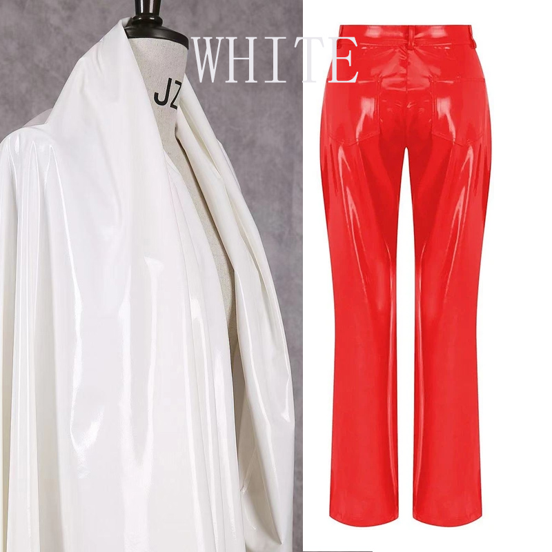 Skinnende røde patentskinn rette bukser dame høy midje pvc slanke bukser dame elegante gule pu bukser lomme tilpasset klubbklær: Xs / Hvit
