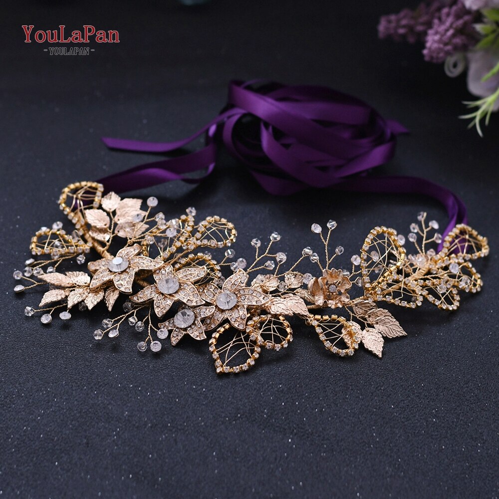 YouLaPan, cinturón Floral con diamantes de imitación, cinturón dorado para mujer, cinturón brillante, cinturones de boda para señora, cinturón nupcial con flores doradas SH282: Purple ribbon