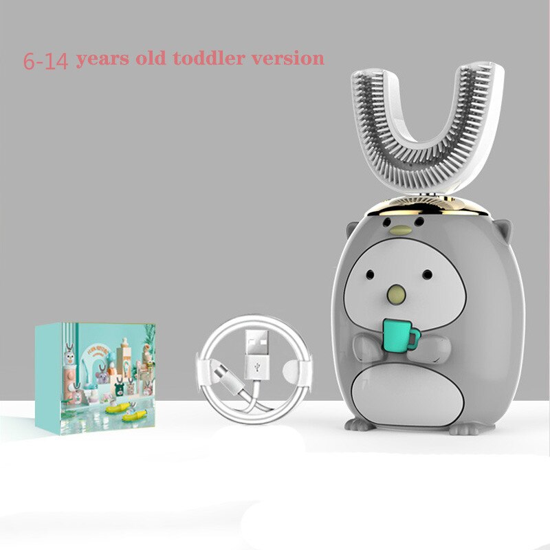 U Shape Smart 360 Angle Cartoon Teeth Cleaner Electric Toothbrush for Kids 2-6Y Teether Automatic Ultrasonic Teether Waterproof: gray 6-14 years