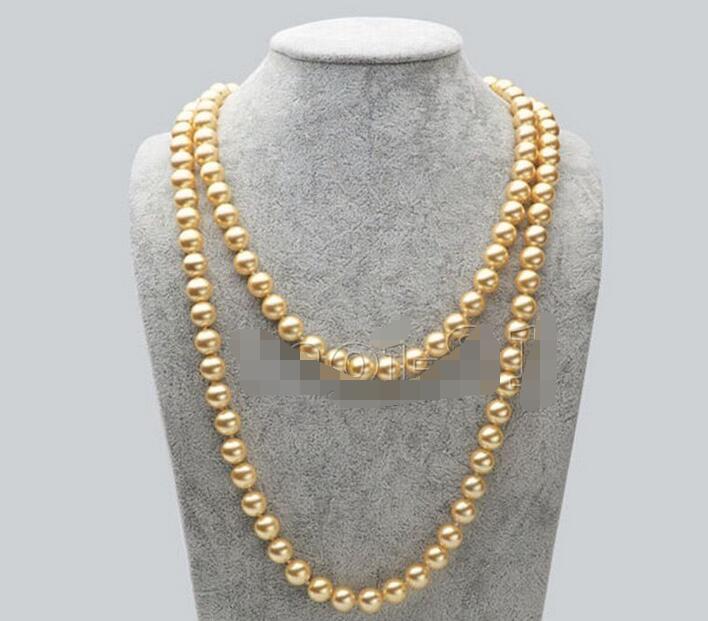 *******8mm Genuine Natural Round Yellow South Sea Shell Pearl Necklace 50&#39;&#39; Long AAA