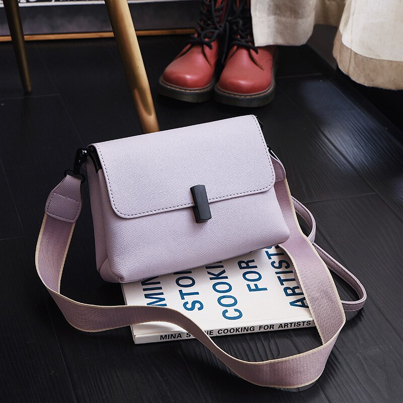 Solid color Flap Crossbody bag High Leather Women's Handbag Wide Shoulder strap Shoulder Messenger Bag: Purple
