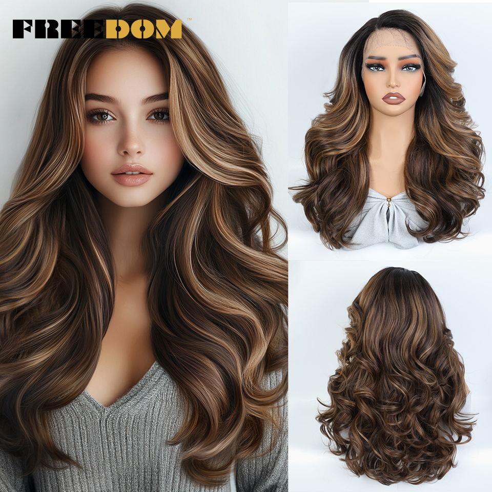 Pelucas delanteras de encaje sintético FREEDOM para mujeres negras, peluca de encaje ondulado de 22 pulgadas, pelucas rubias marrón Chocolate ombré, peluca de Cosplay