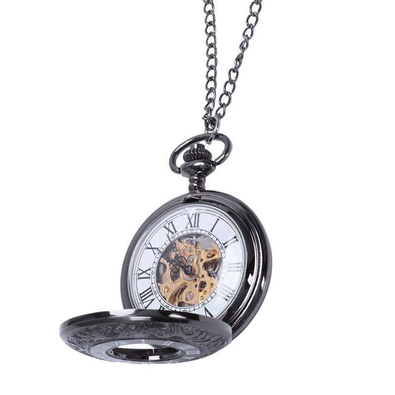 Retro Black Flower Hollow Mechanical Pocket Watch For Mens Steel Steampunk Unique Womens Mens Fob Chain Pocket Watches