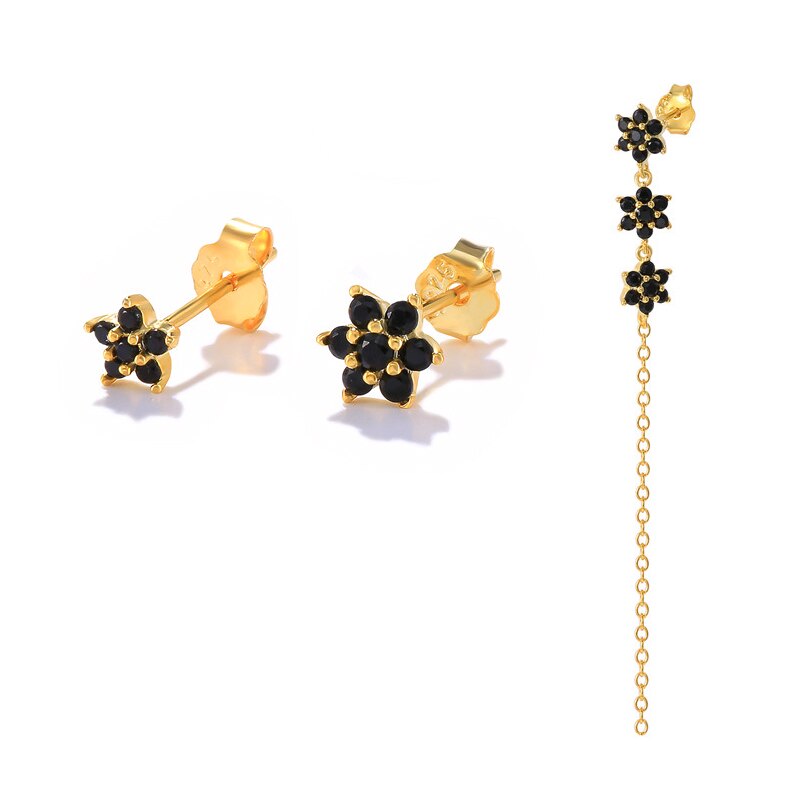 Aide 3 pçs preto flor corrente tassle parafuso prisioneiro brincos para mulher 925 prata esterlina zircônia cúbica mini brincos jóias brincos: B