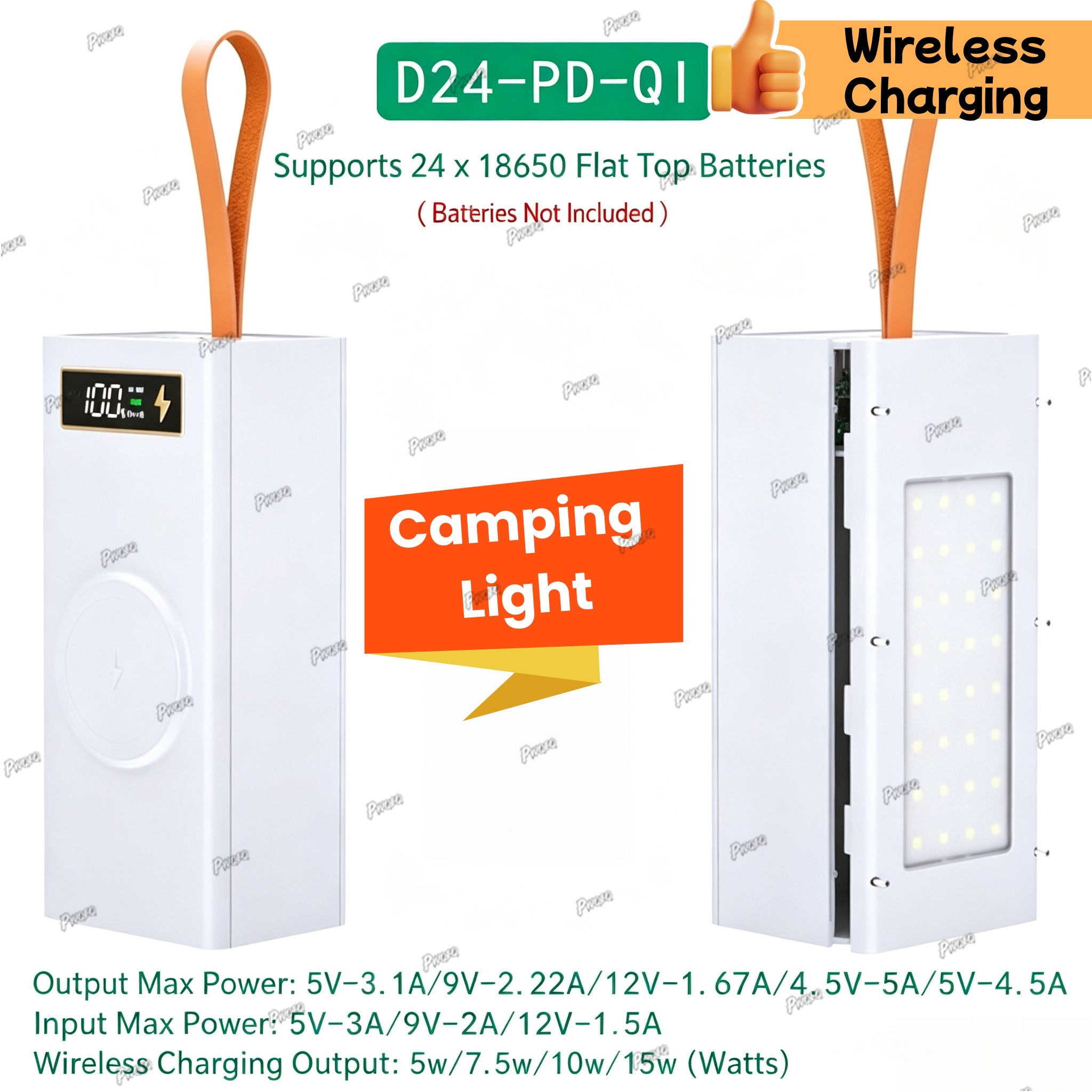 24*18650 Batterij Powerbank Behuizingen DIY Mobiele Powerbank Case met Draadloos Opladen en Campinglamp Afneembaar, Loodvrij: Roze