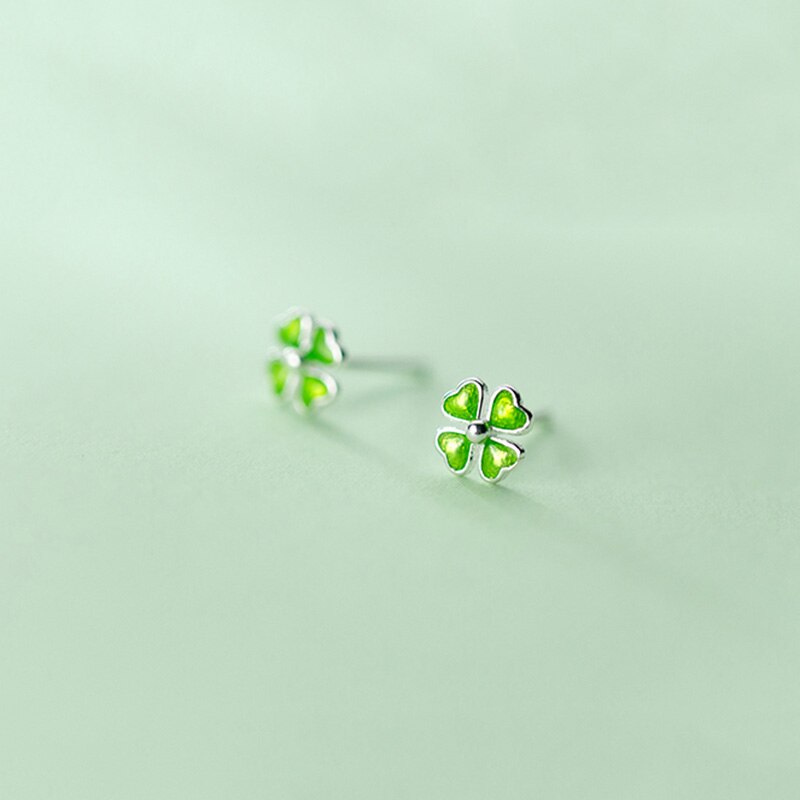 INZATT Real 925 Sterling Silver Minimalist Enamel Clover Stud Earrings For Women Cute Fine Jewelry Lucky Accessories