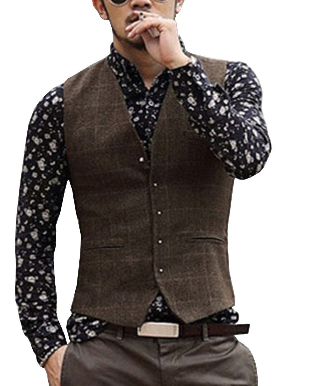 Herre jakkesæt vest plaid hals uld brun enkeltradet slim fit casual formel business groomman vest til bryllup bedste mand: Brun / Xs