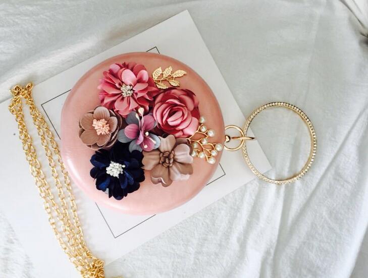 Round Evening bags Flower Ring handle bags Day Clutches Bride wedding party purse Luxury shoulder bags Casual Clutch: dark pink