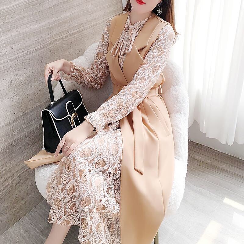 Spring Two Piece Set Women Clothes Full Sleeve Slim Lace Dress And Sleeveless Long Coat With Belt Vogue OL Style Suit