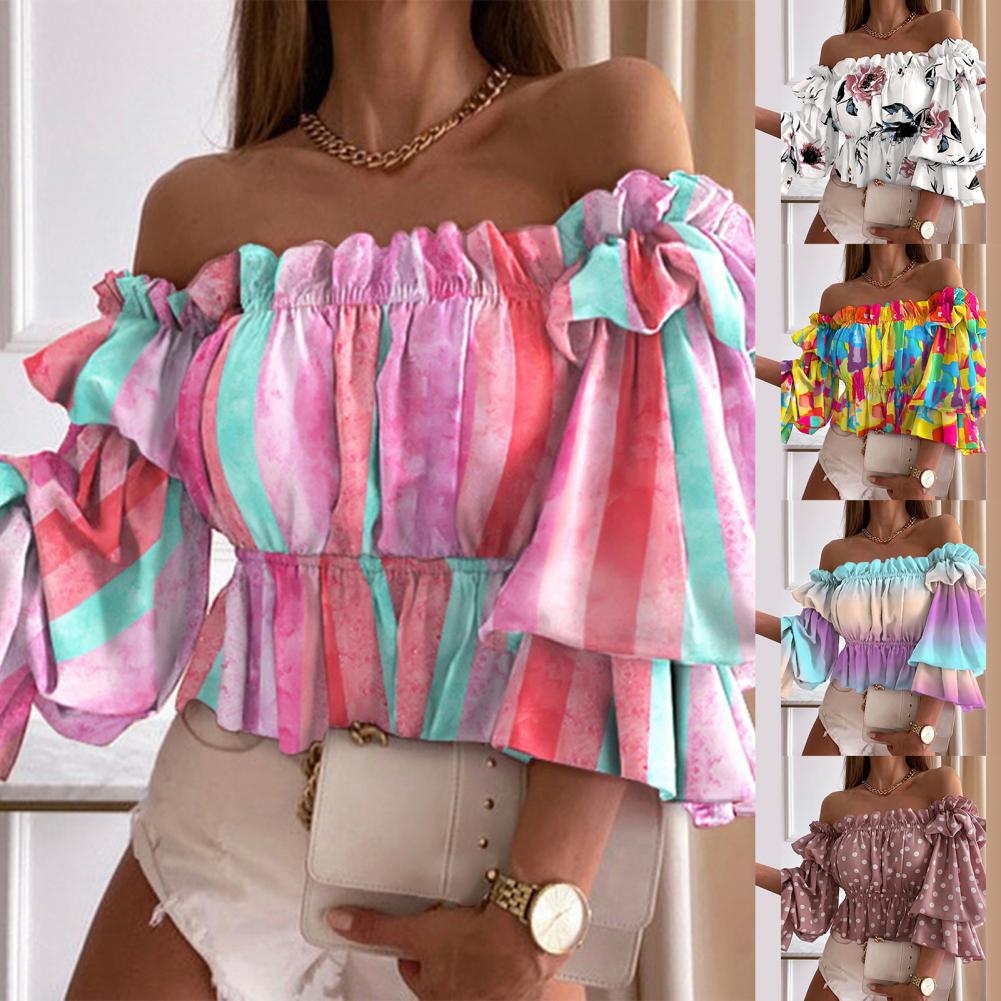 Sexet sommertop med flare-ærmer og off-shoulder-fløjlsskjorte med blomsterprint og let skjorte til hverdagsbrug