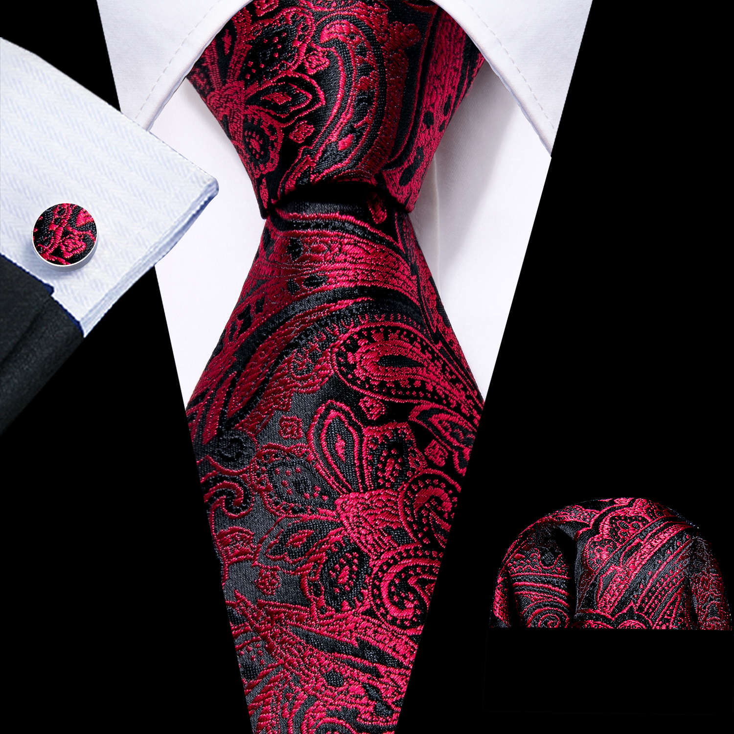 Corbatas de seda rojas y azules para hombre, conjunto de gemelos cuadrados de bolsillo de Cachemira Jacquard, a la , para novio, boda, , negocios, Barry.Wang, novedad