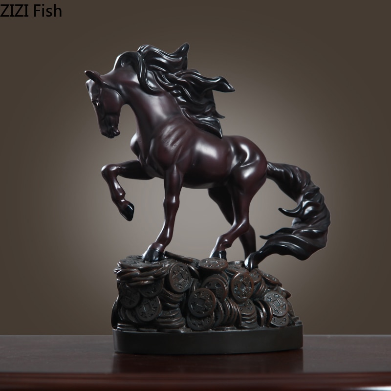 Gullhest statuett håndverk ornamenter mørk hest dyr statue kontor desktop dekor nordisk hjem dekorasjon harpiks figurer