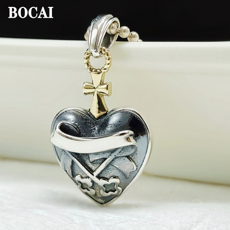 Bocai S925 Zilveren Sieraden Vintage Dubbelzijdig Solid Cross Hart Vrouw Hanger