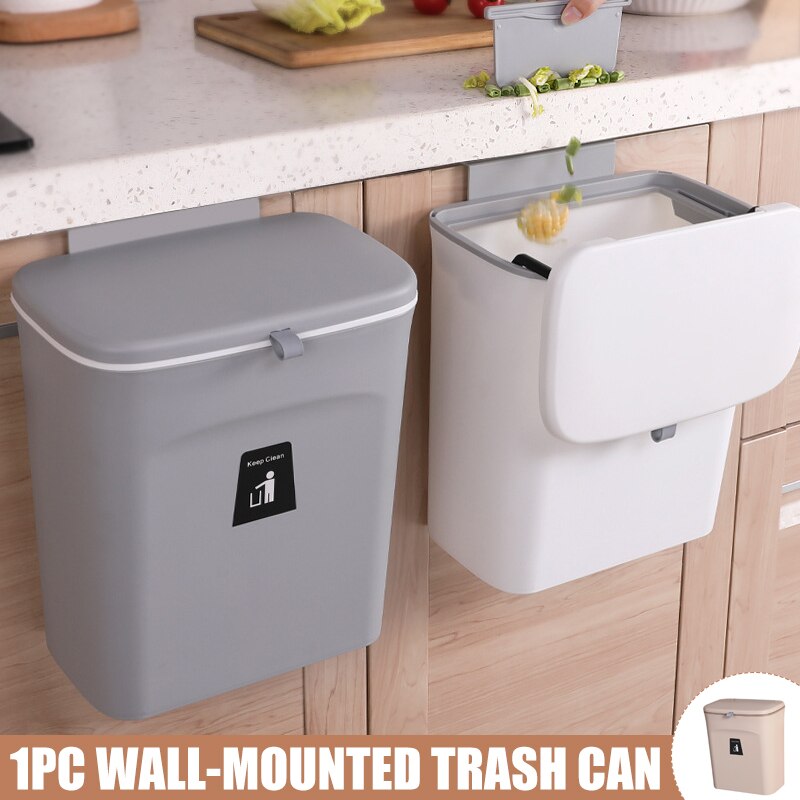 Hanging Trash Can for Kitchen Cabinet Door with Lid Wall Mounted Counter Waste Bin Plastic JDH88