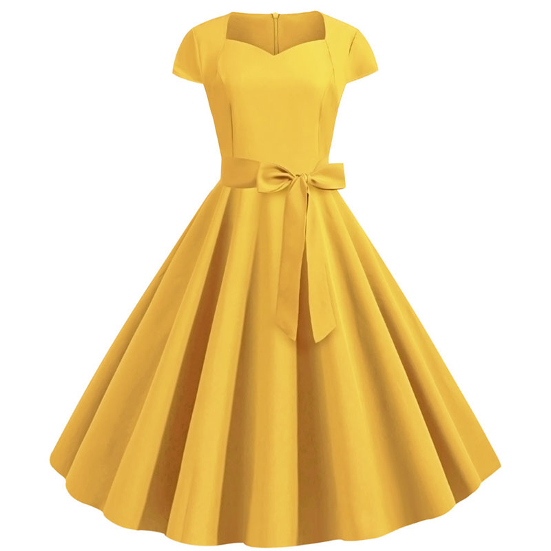 Summer Women's Dress Short Sleeve Solid Vintage Retro Big Swing Office Party Midi Sundress
