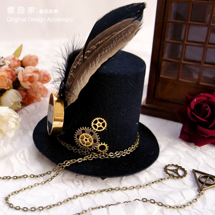 Steampunk hat feathers top hat hairpin mechanical gear clock hat hair clip retro lolita Cos