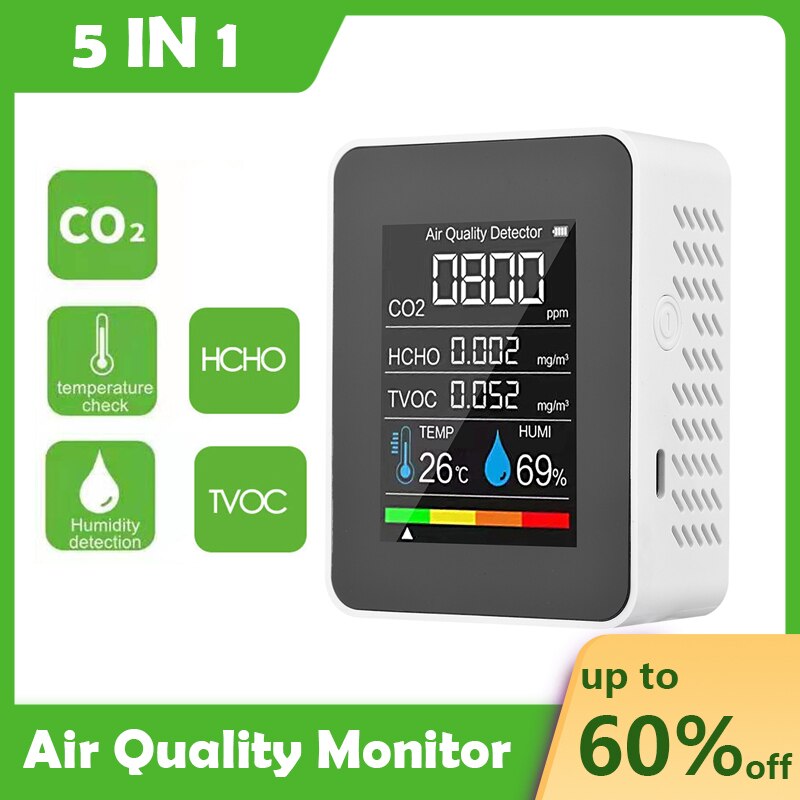 NDIR/Semiconductor CO2 Sensor Air Monitor CO2 Detector Formaldehyde HCHO TVOC Tester LCD Temperature Humidity Tester