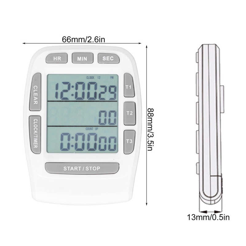 Triple Timer Clock Count Down Up 4.0x4.4cm LCD Display Time Reminder Multifunction White Built‑in Battery