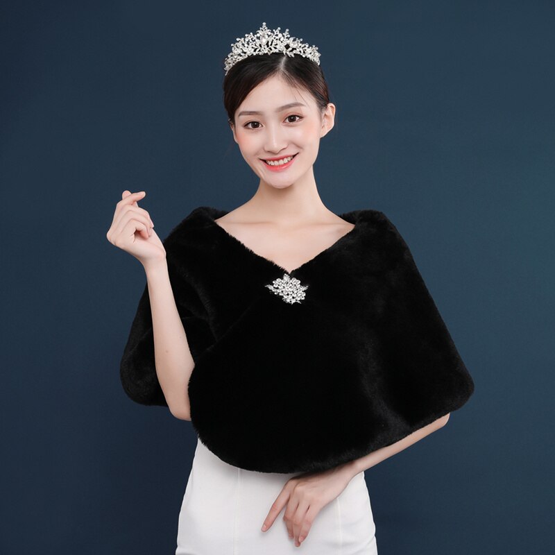 Grande taille femmes fourrure chauffe épaules bordeaux châles de mariée Cape rouge noir fausse fourrure mariage haussement d'épaules manteau Boleros: Black