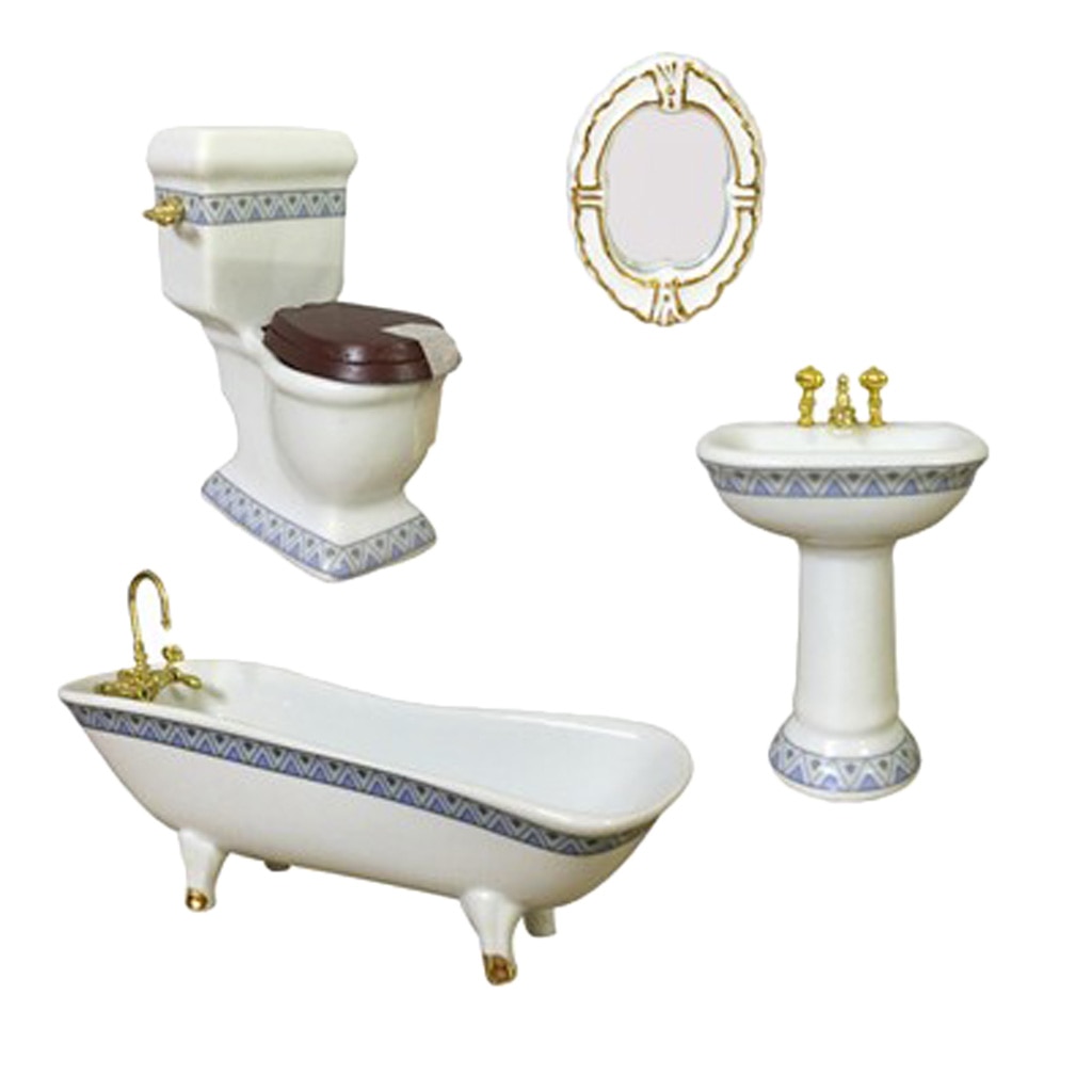 1:12 Miniature Bath Accessory Bathtub Toilet Sink Mirror, 4-Piece Dollhouse Bathroom Accessories, Dollhouse Decorations Kit