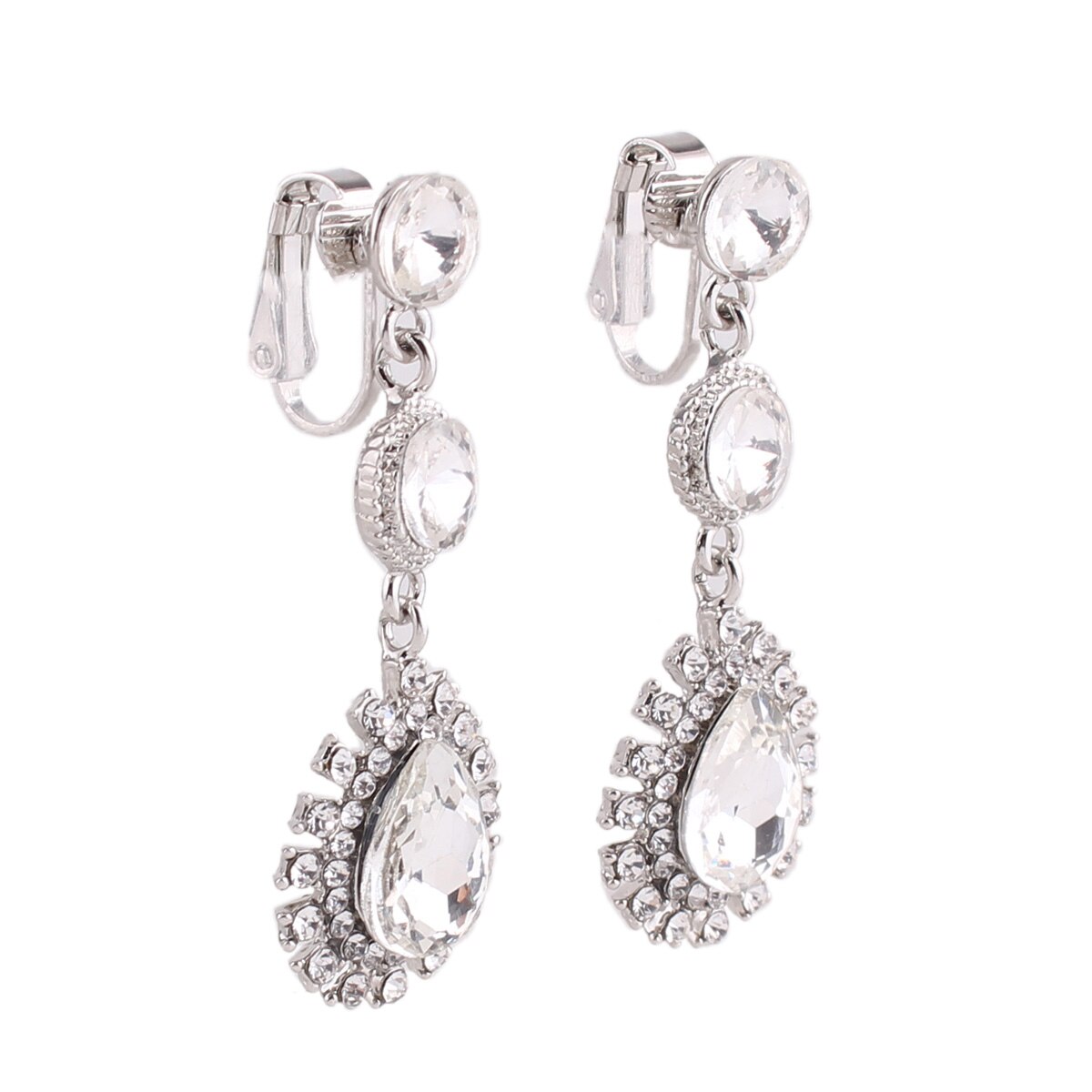 Wenhq 12 Kleuren Hoogwaardige Rhinestone Crystal Tear Shape Clip Op Oorbellen Geen Doorstoken Voor Vrouwen Bruiloft Geen gat Oor Clip: Silver White